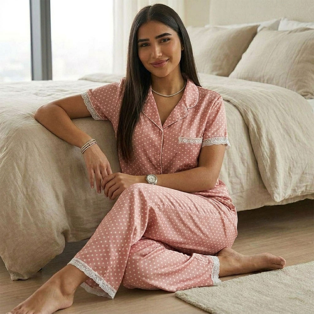 Pyjama satiné à pois avec dentelle