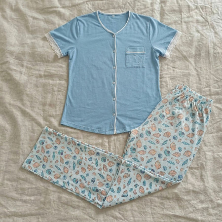 Pyjama Coton Boutonné à Dentelle