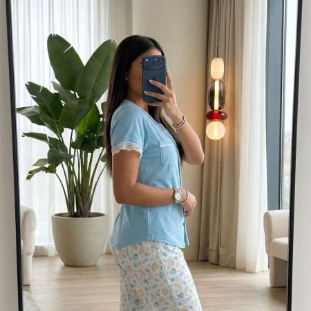 Pyjama Coton Boutonné à Dentelle
