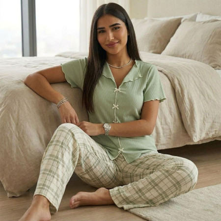 Pyjama pantalon en coton à col chemise