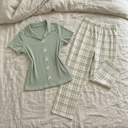 Pyjama pantalon en coton à col chemise