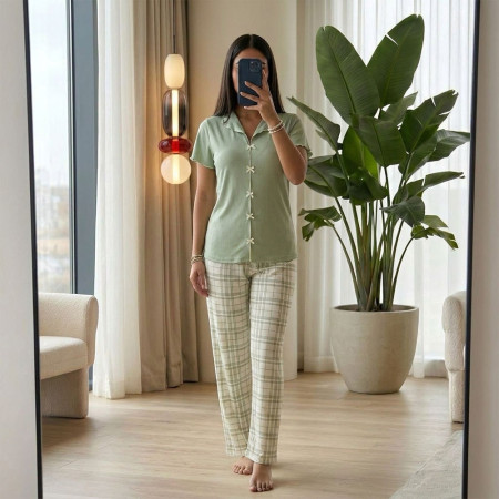 Pyjama pantalon en coton à col chemise