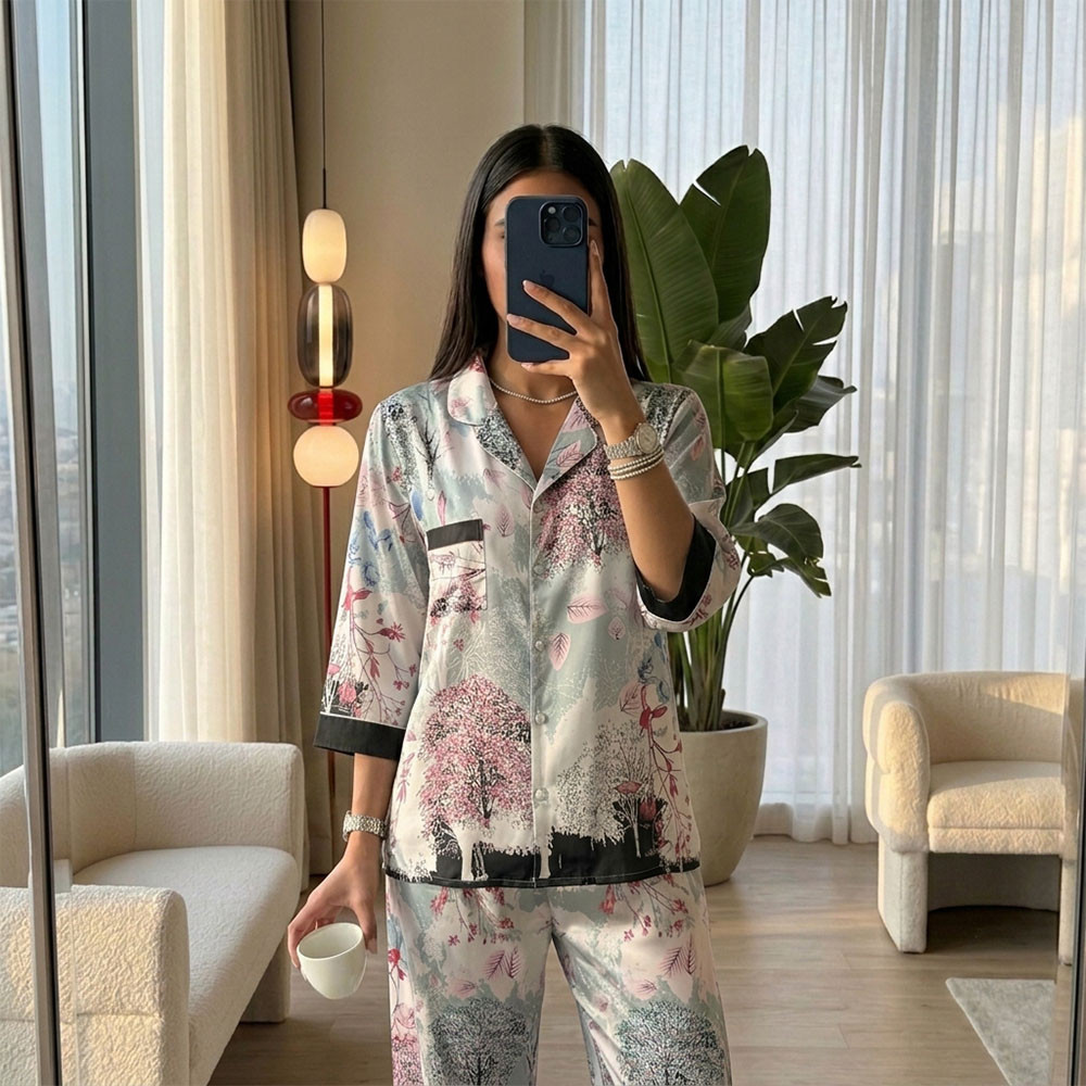 Pyjama satiné imprimé à chemise boutonnée