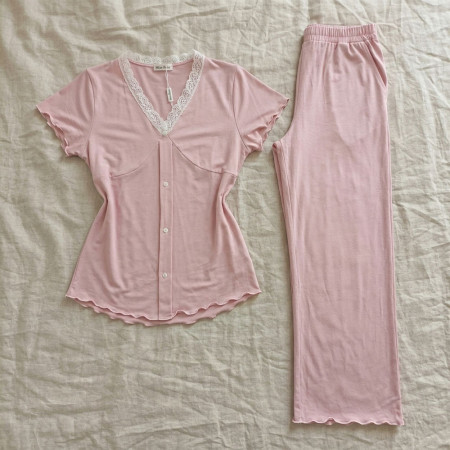 Pyjama coton à boutons et dentelle