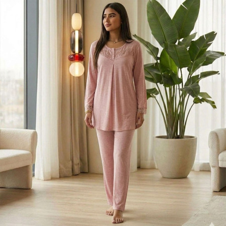 Pyjama pantalon en coton avec dentelle