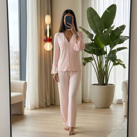 Pyjama pantalon en coton à manches volantées