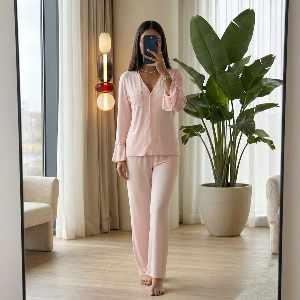 Pyjama pantalon en coton à manches volantées