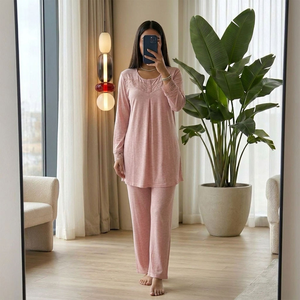 Pyjama pantalon en coton avec dentelle
